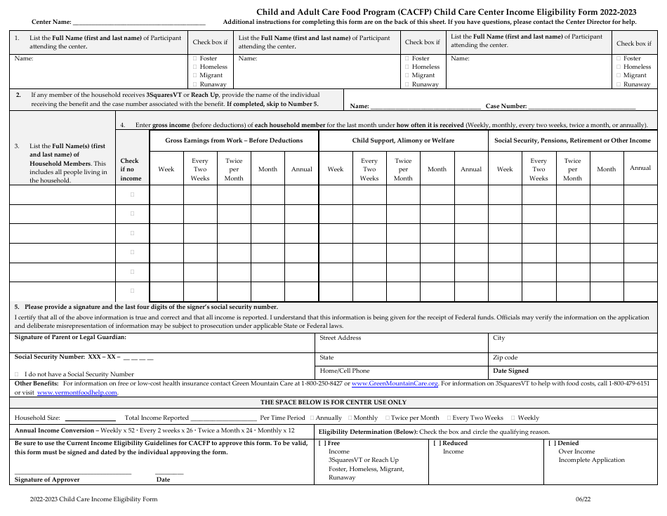 Child Care Center Income Eligibility Form - Child and Adult Care Food Program (CACFP) - Vermont, Page 1