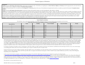 Child Care Center Income Eligibility Form - Child and Adult Care Food Program (CACFP) - Vermont, Page 2