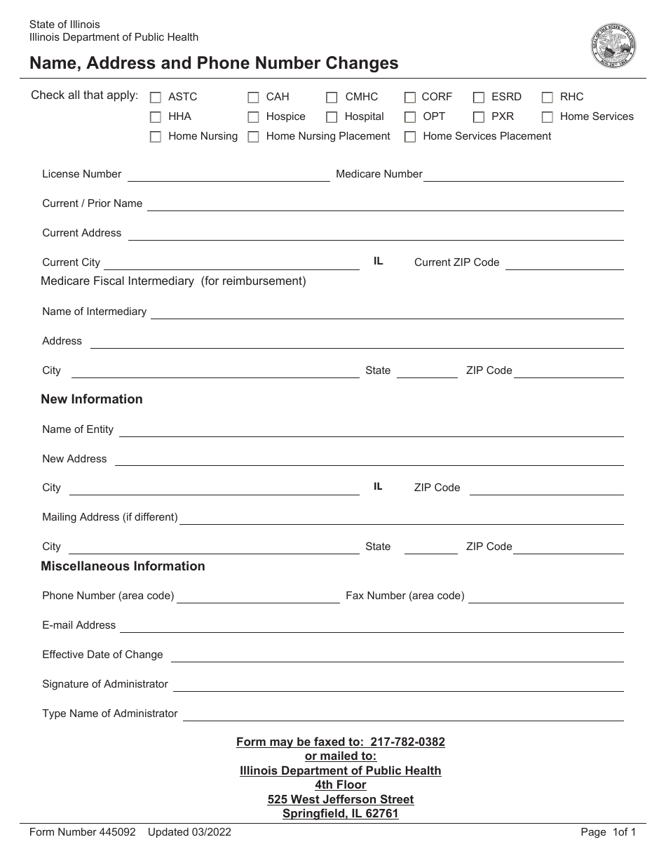Form 445092 Name, Address and Phone Number Changes - Illinois, Page 1