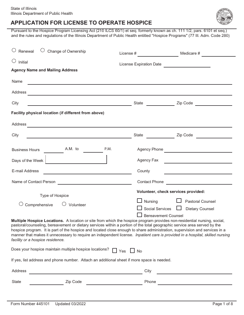 Form 445101 Application for License to Operate Hospice - Illinois