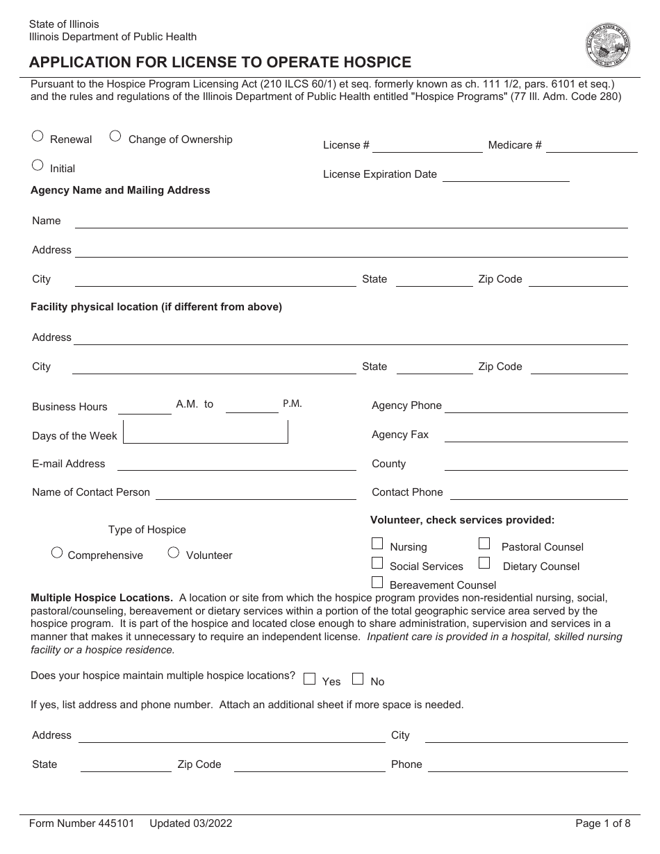 Form 445101 Application for License to Operate Hospice - Illinois, Page 1