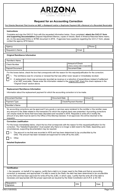 Form GAO-21 Request for an Accounting Correction - Arizona