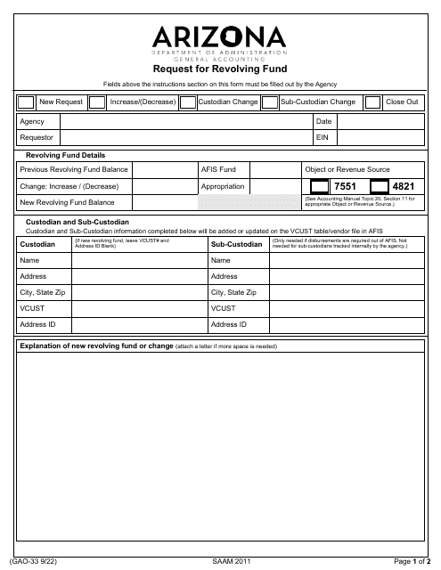 Form GAO-33 Request for Revolving Fund - Arizona