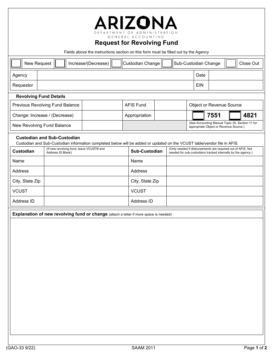 Form GAO-33 Request for Revolving Fund - Arizona, Page 1
