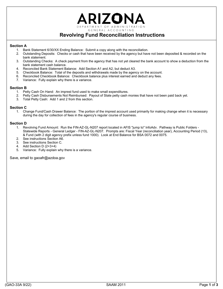 Form GAO-33A Revolving Fund Reconciliation - Arizona, Page 1