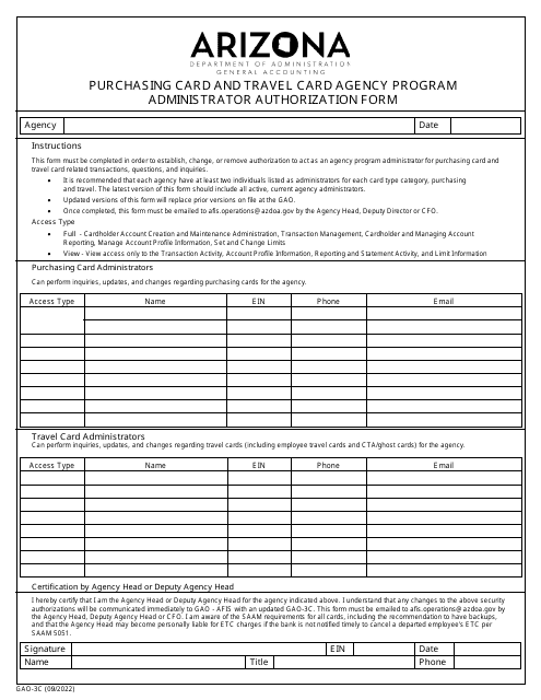 Form GAO-3C Administrator Authorization Form - Purchasing Card and Travel Card Agency Program - Arizona