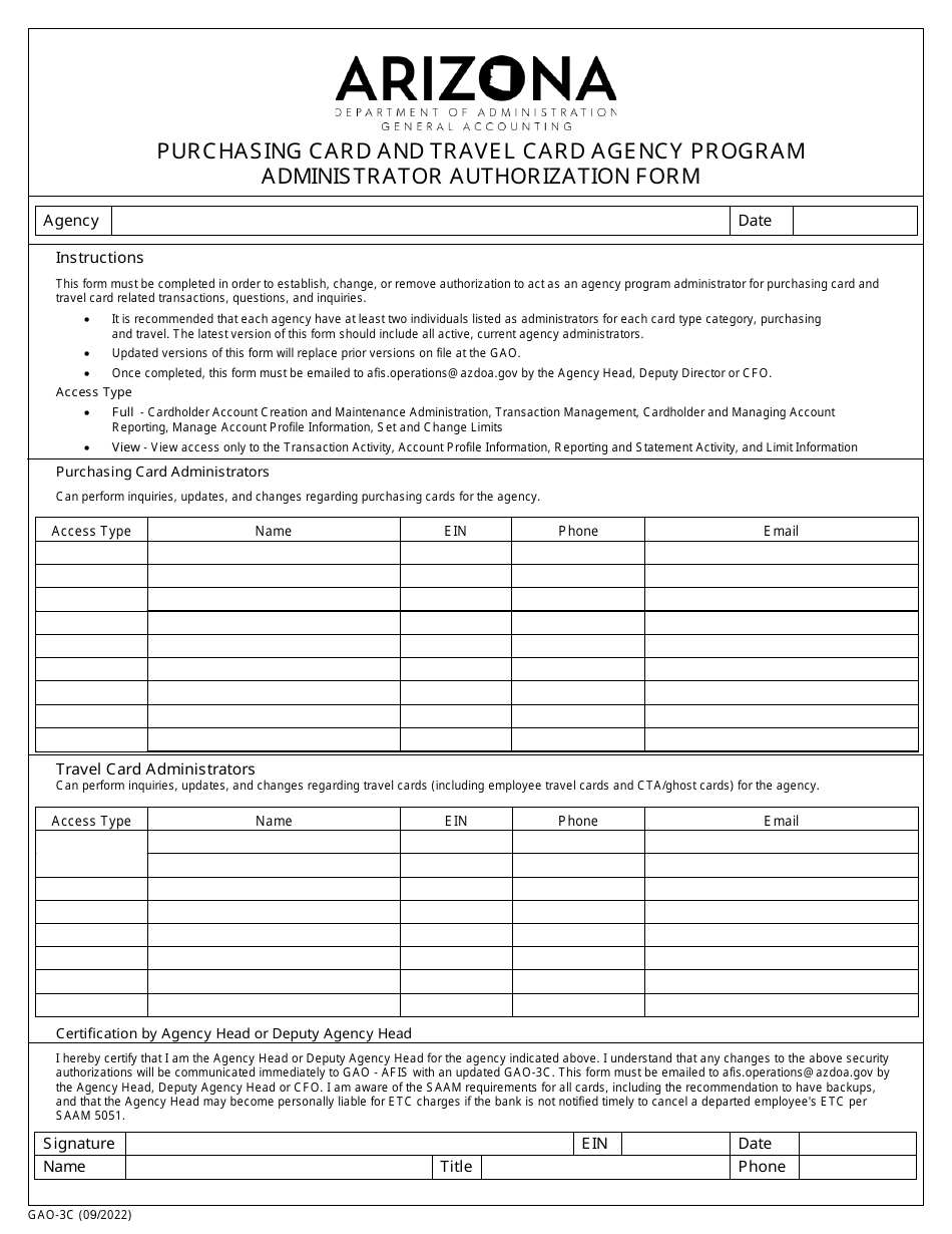 Form GAO-3C Administrator Authorization Form - Purchasing Card and Travel Card Agency Program - Arizona, Page 1