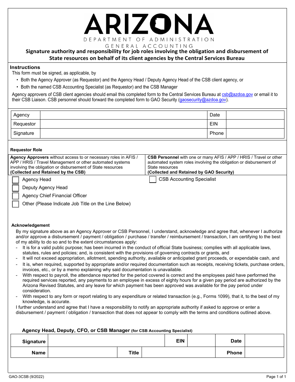 Form GAO-3CSB Signature Authority and Responsibility for Job Roles Involving the Obligation and Disbursement of State Resources on Behalf of Its Client Agencies by the Central Services Bureau - Arizona, Page 1