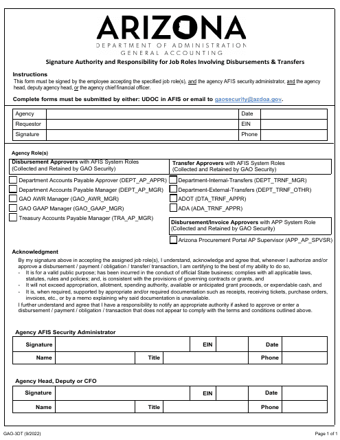 Form GAO-3DT Signature Authority and Responsibility for Job Roles Involving Disbursements & Transfers - Arizona