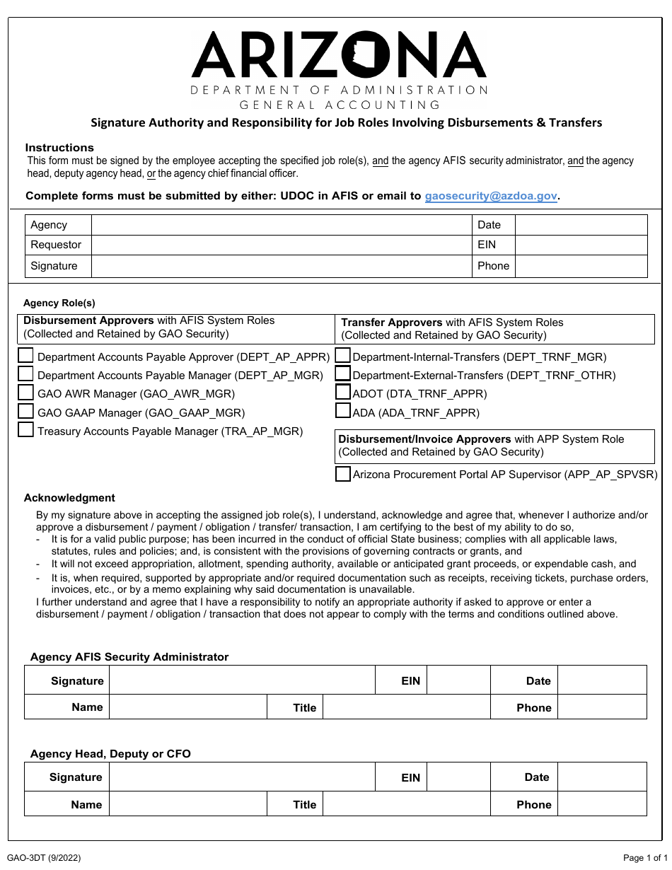 Form GAO-3DT Signature Authority and Responsibility for Job Roles Involving Disbursements  Transfers - Arizona, Page 1