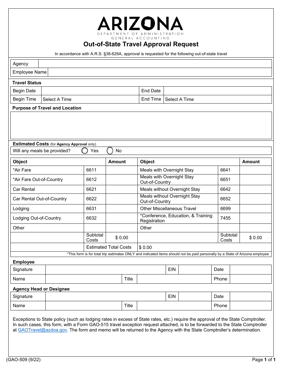 Form GAO-509 Out-of-State Travel Approval Request - Arizona, Page 1