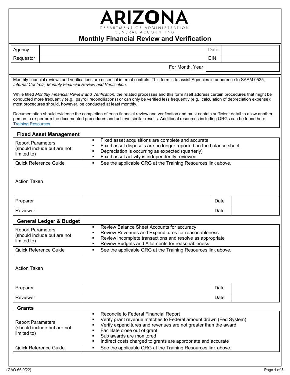 Form GAO-66 Download Fillable PDF or Fill Online Monthly Financial ...