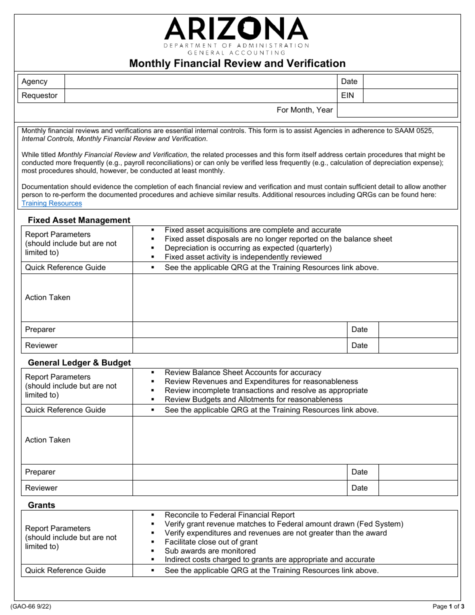 Form GAO-66 Monthly Financial Review and Verification - Arizona, Page 1