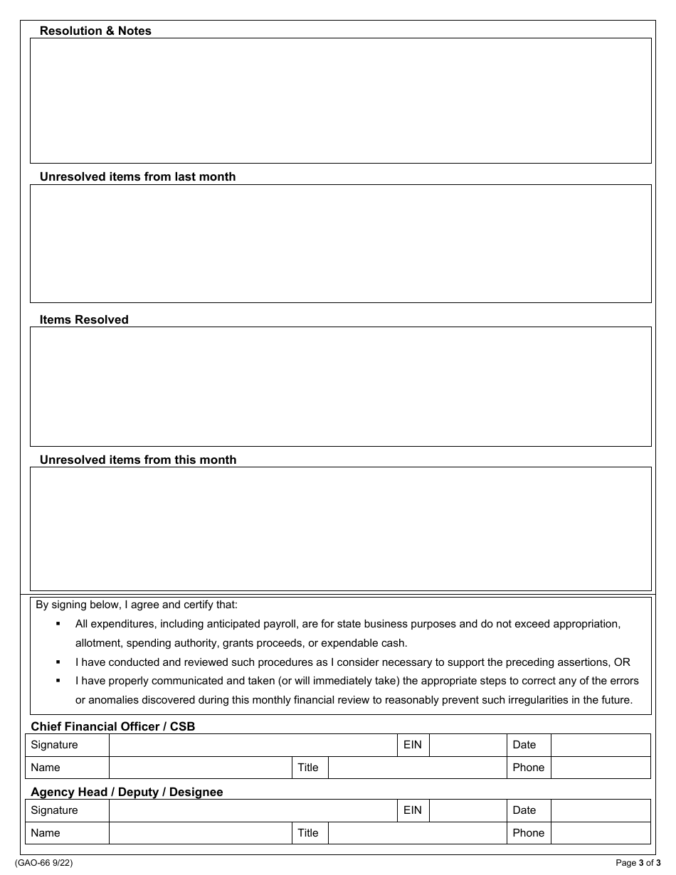 Form GAO-66 Monthly Financial Review and Verification - Arizona, Page 3