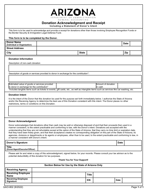 Form GAO-802 Donation Acknowledgment and Receipt - Arizona