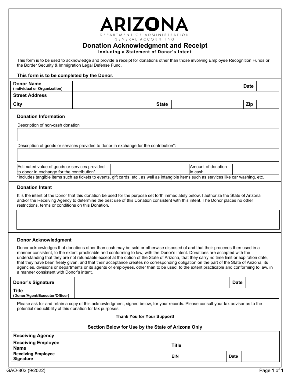 Form GAO-802 Donation Acknowledgment and Receipt - Arizona, Page 1