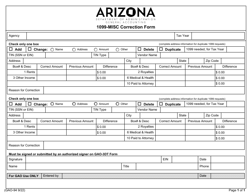 Form GAO-94 1099-misc Correction Form - Arizona