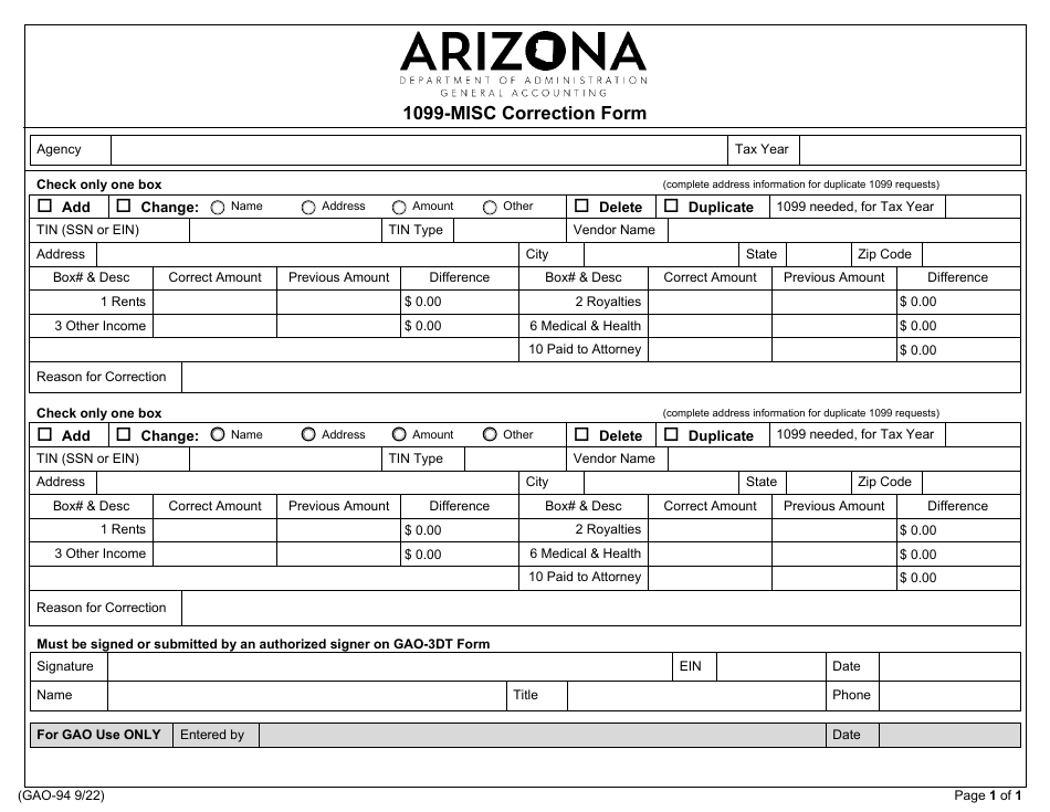 Form GAO-94 1099-misc Correction Form - Arizona, Page 1
