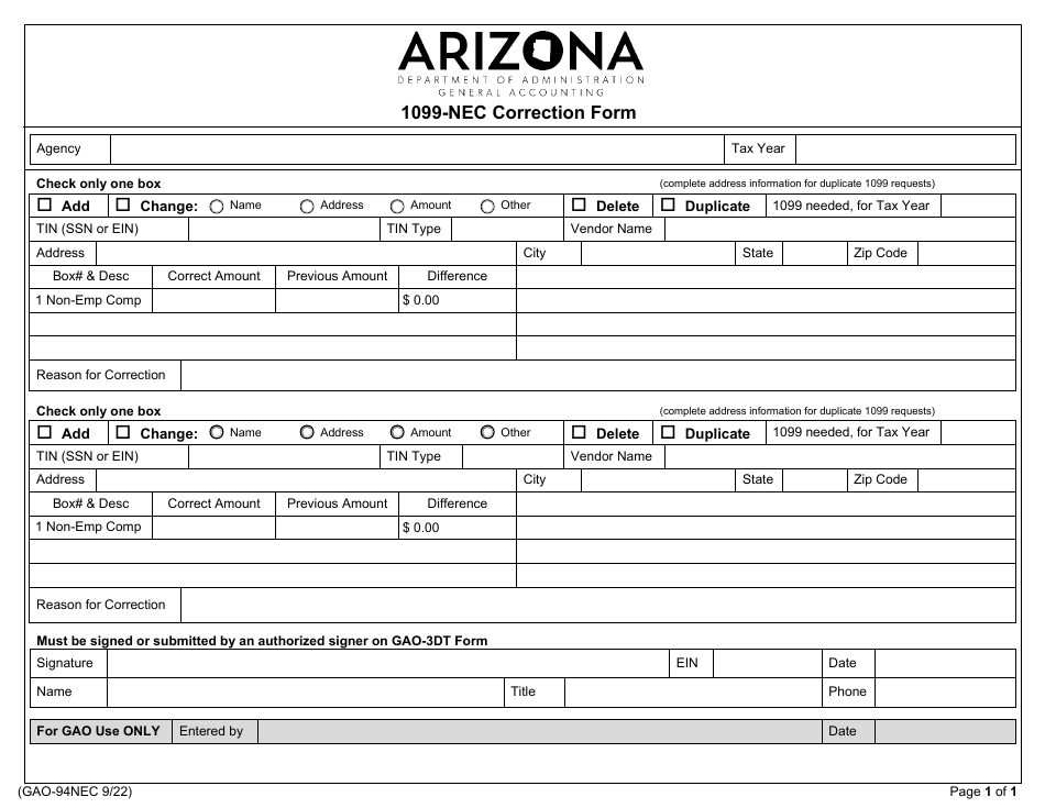 Form GAO-94NEC 1099-nec Correction Form - Arizona, Page 1
