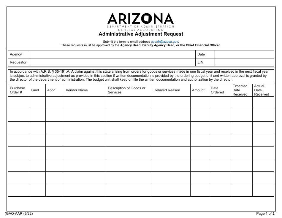 Form GAO-AAR Administrative Adjustment Request - Arizona, Page 1