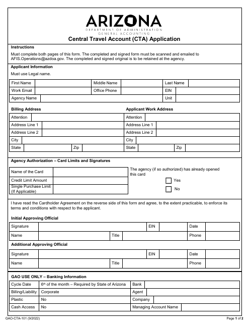 Form GAO-CTA-101 Central Travel Account (Cta) Application - Arizona