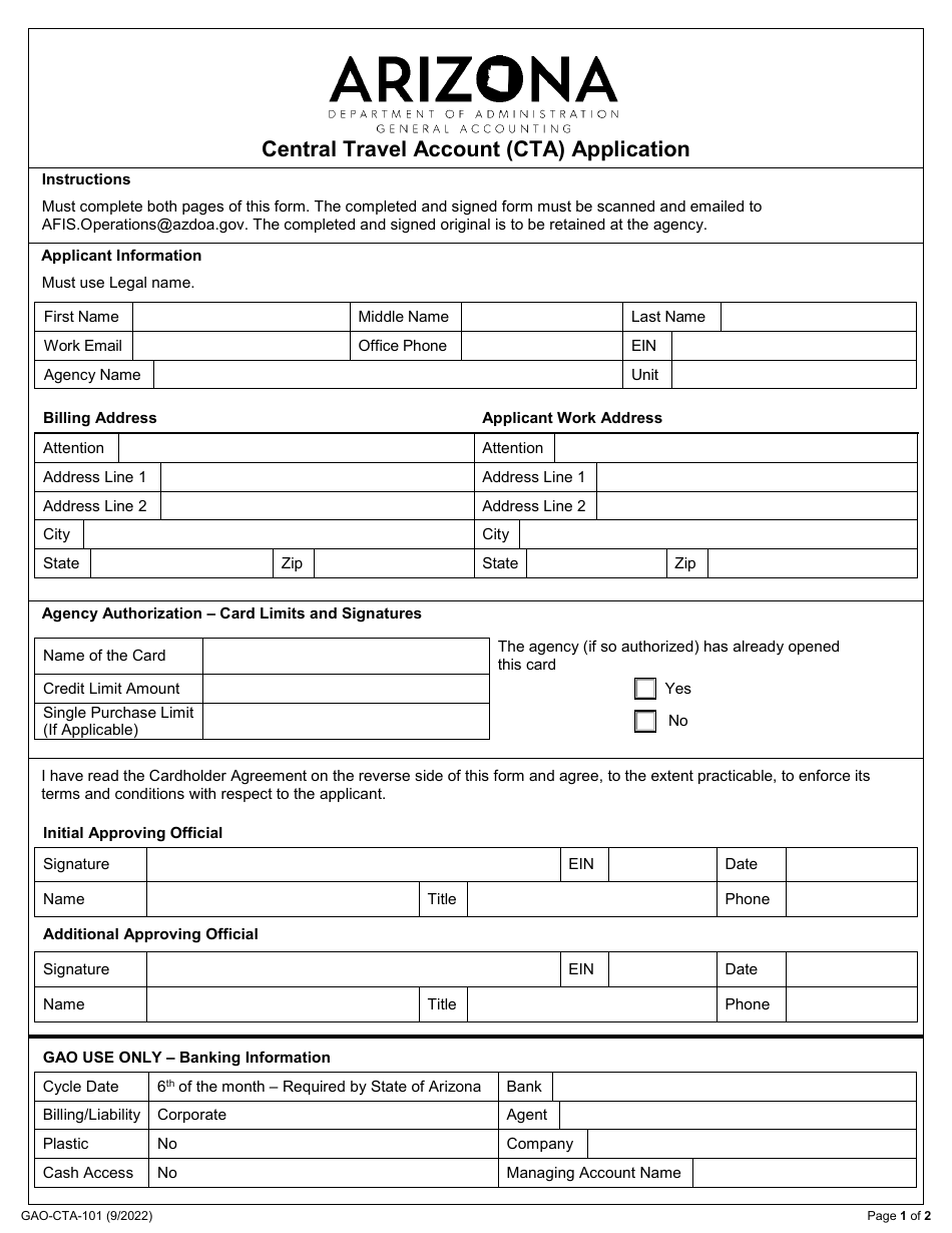 Form GAO-CTA-101 Central Travel Account (Cta) Application - Arizona, Page 1