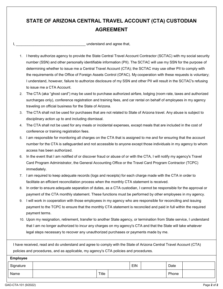 Form GAO-CTA-101 Central Travel Account (Cta) Application - Arizona, Page 2