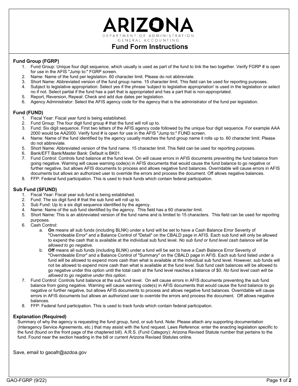 Form GAO-FGRP Fund Authorization Form - Arizona, Page 1