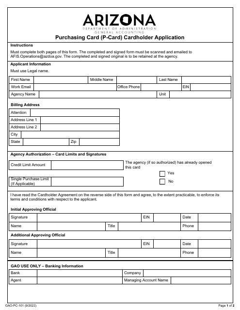 Form GAO-PC-101 Purchasing Card (P-Card) Cardholder Application - Arizona