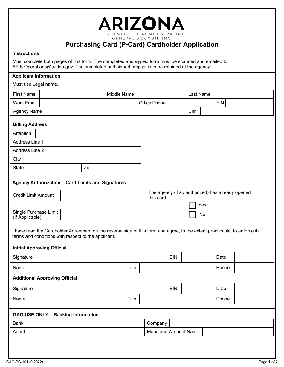 Form GAO-PC-101 Purchasing Card (P-Card) Cardholder Application - Arizona, Page 1