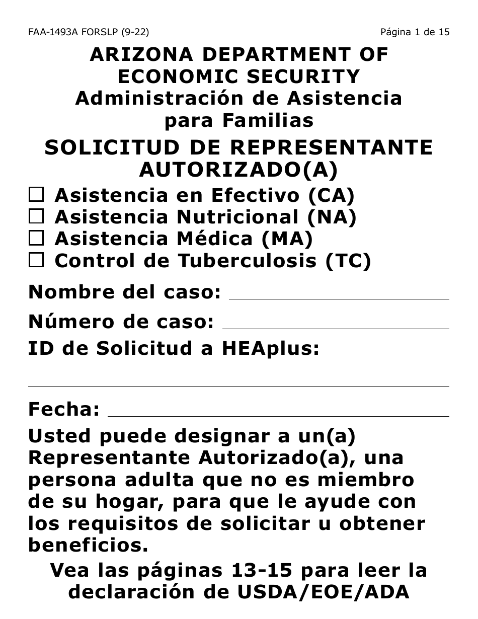 Formulario FAA-1493A-SLP Solicitud De Representante Autorizado(A) - Letra Grande - Arizona (Spanish), Page 1