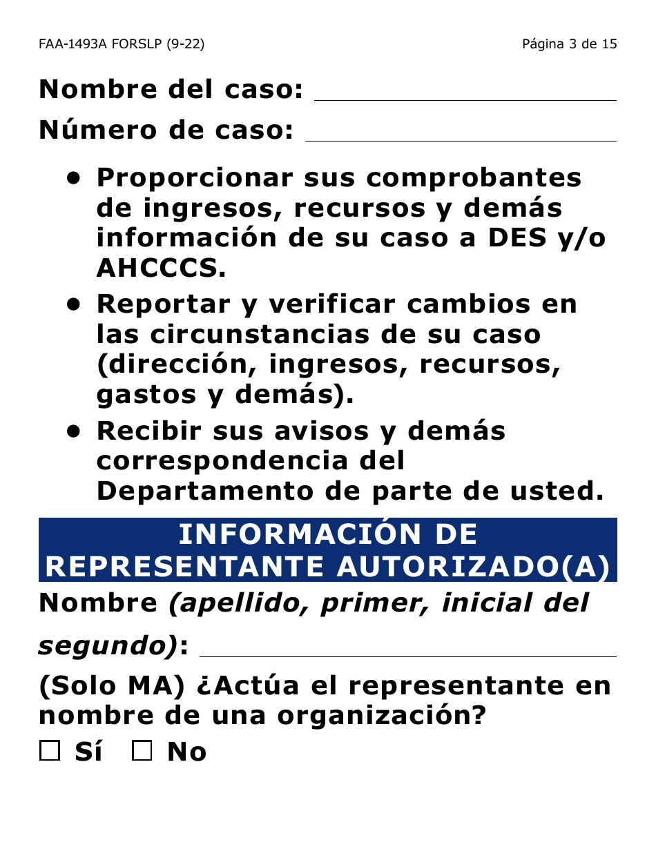 Formulario FAA-1493A-SLP Solicitud De Representante Autorizado(A) - Letra Grande - Arizona (Spanish), Page 3