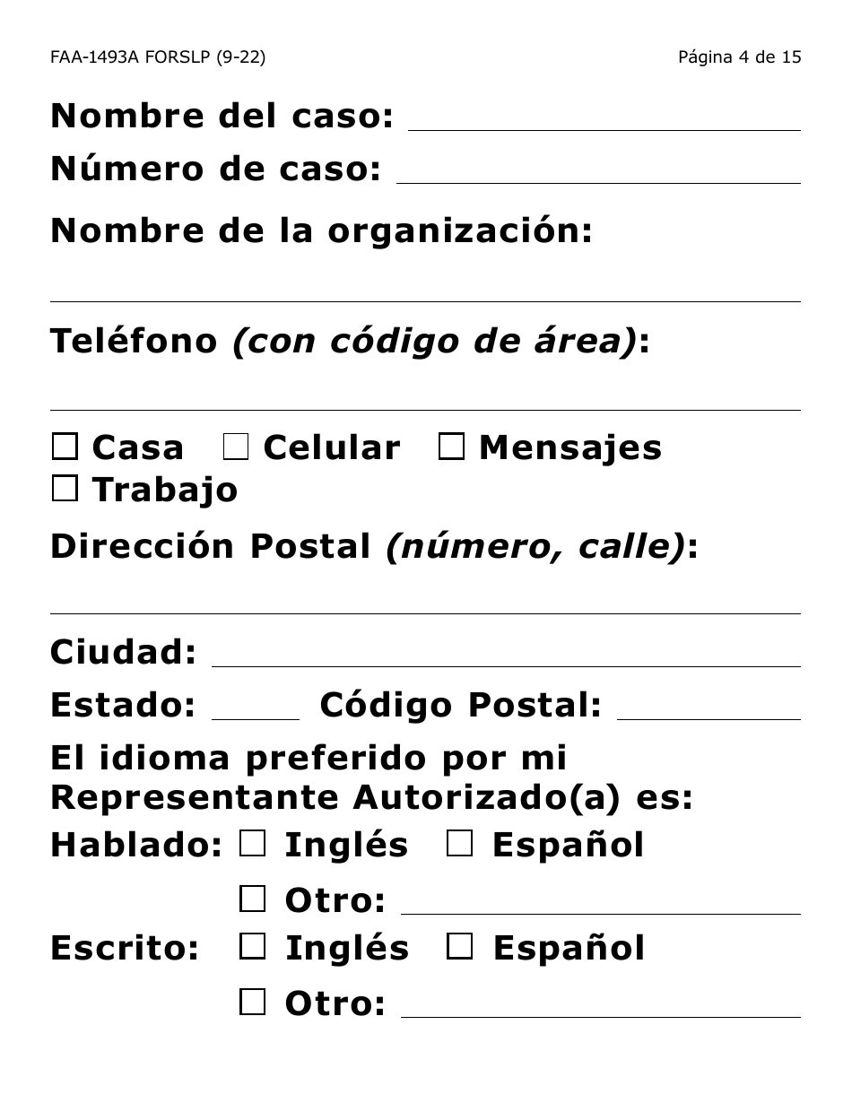 Formulario FAA-1493A-SLP Solicitud De Representante Autorizado(A) - Letra Grande - Arizona (Spanish), Page 4