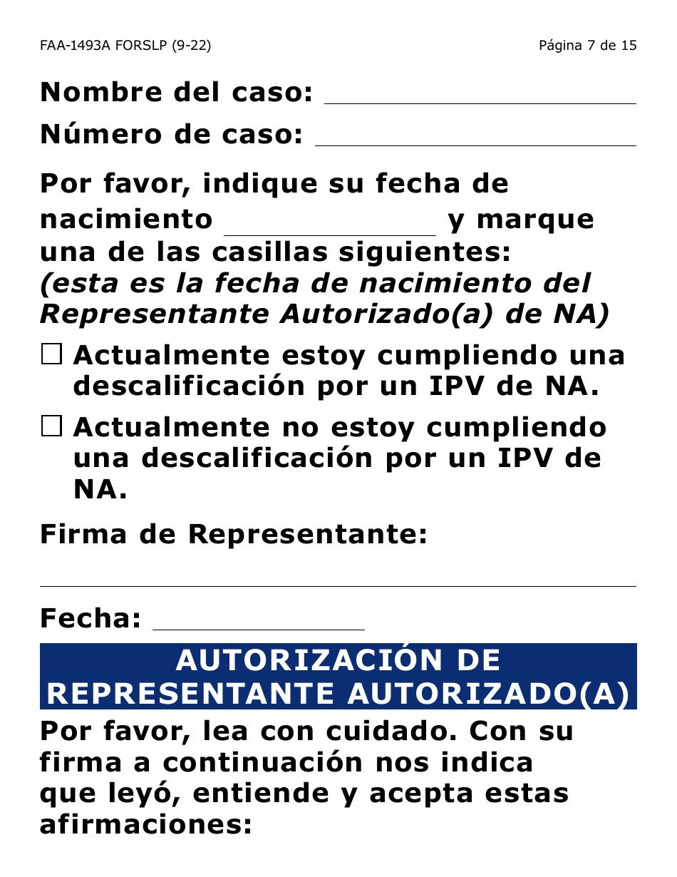 Formulario FAA-1493A-SLP Solicitud De Representante Autorizado(A) - Letra Grande - Arizona (Spanish), Page 7