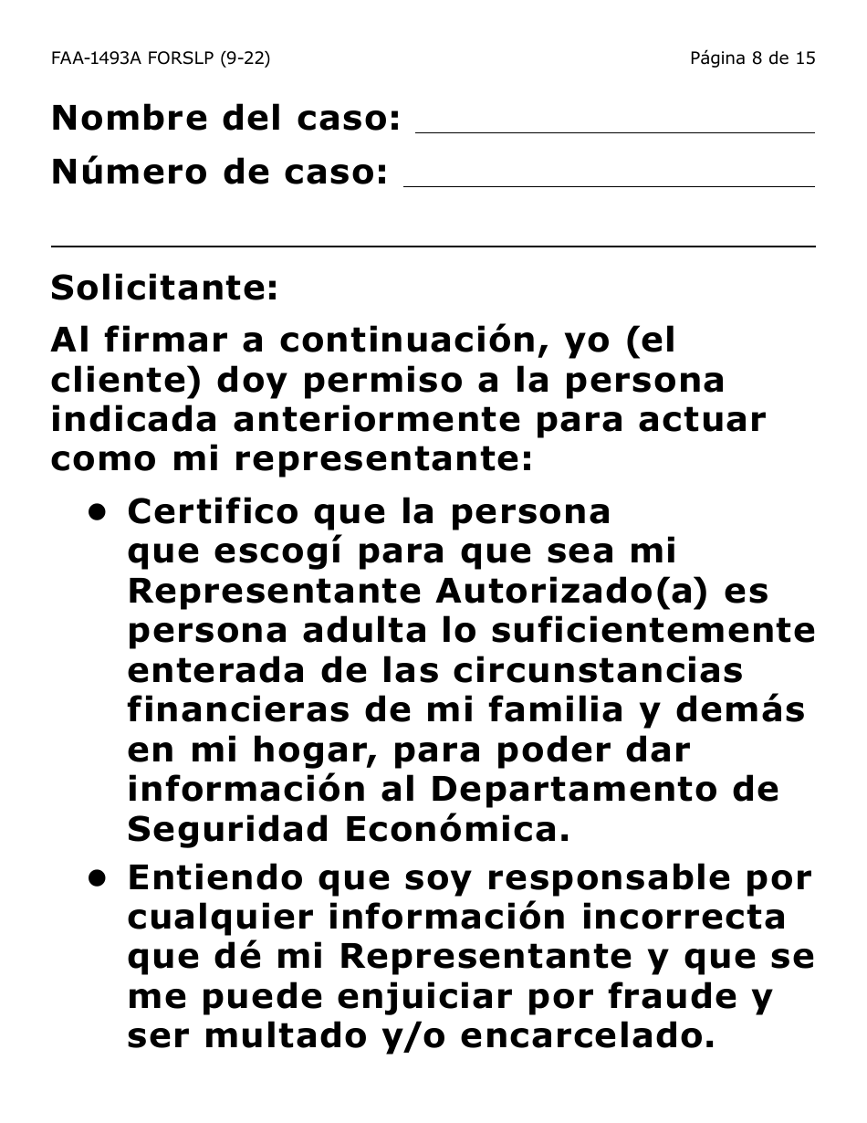 Formulario FAA-1493A-SLP Solicitud De Representante Autorizado(A) - Letra Grande - Arizona (Spanish), Page 8
