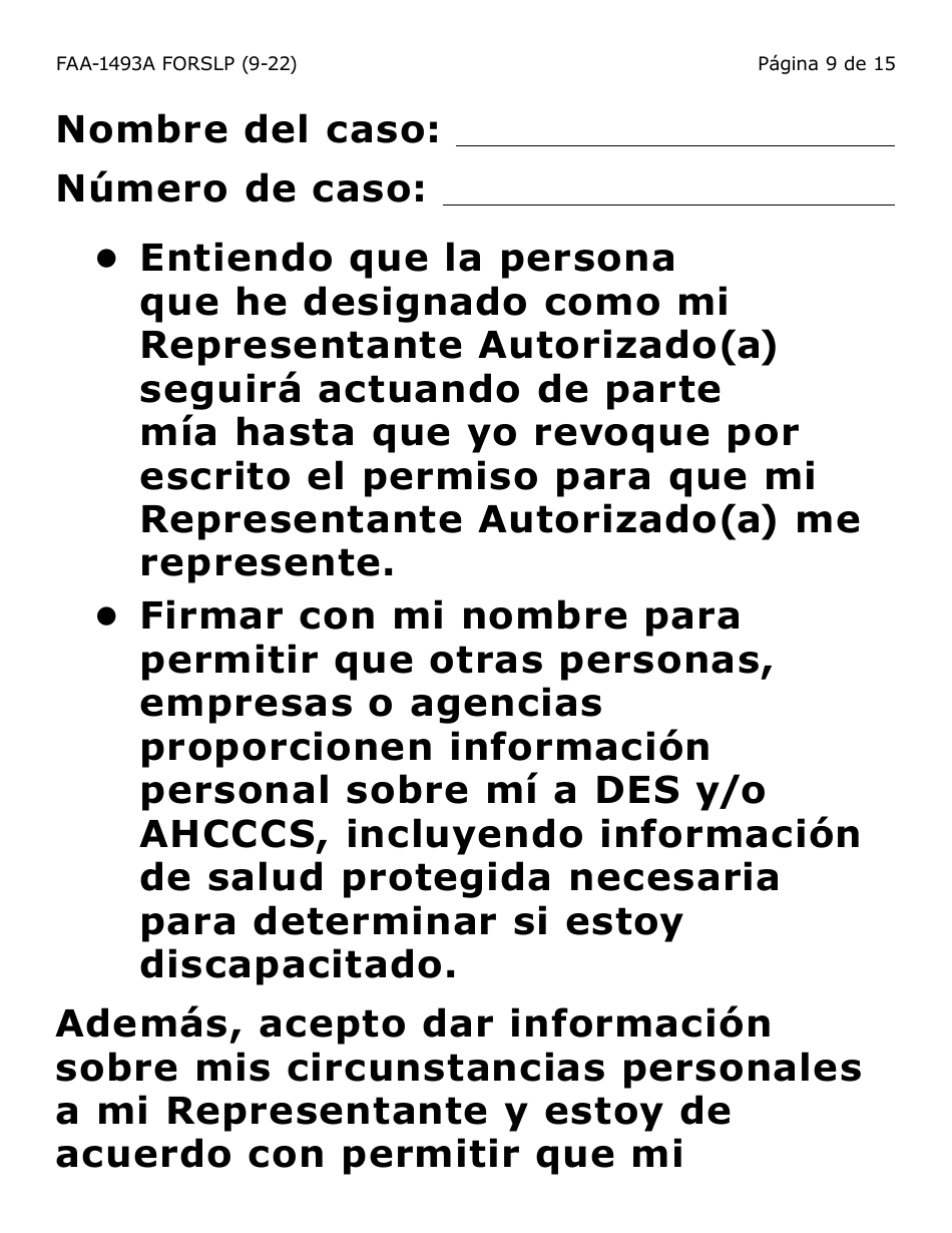 Formulario FAA-1493A-SLP Solicitud De Representante Autorizado(A) - Letra Grande - Arizona (Spanish), Page 9