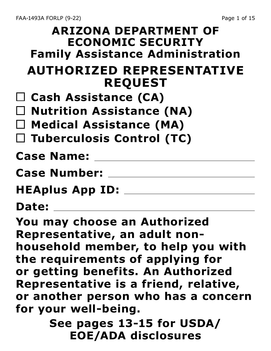 Form FAA-1493A-LP Authorized Representative Request- Large Print - Arizona, Page 1