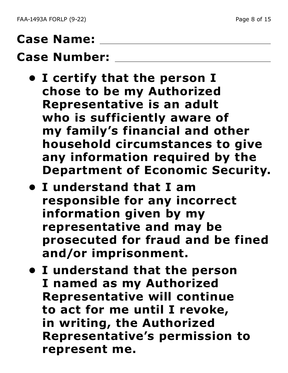 Form FAA-1493A-LP Authorized Representative Request- Large Print - Arizona, Page 8