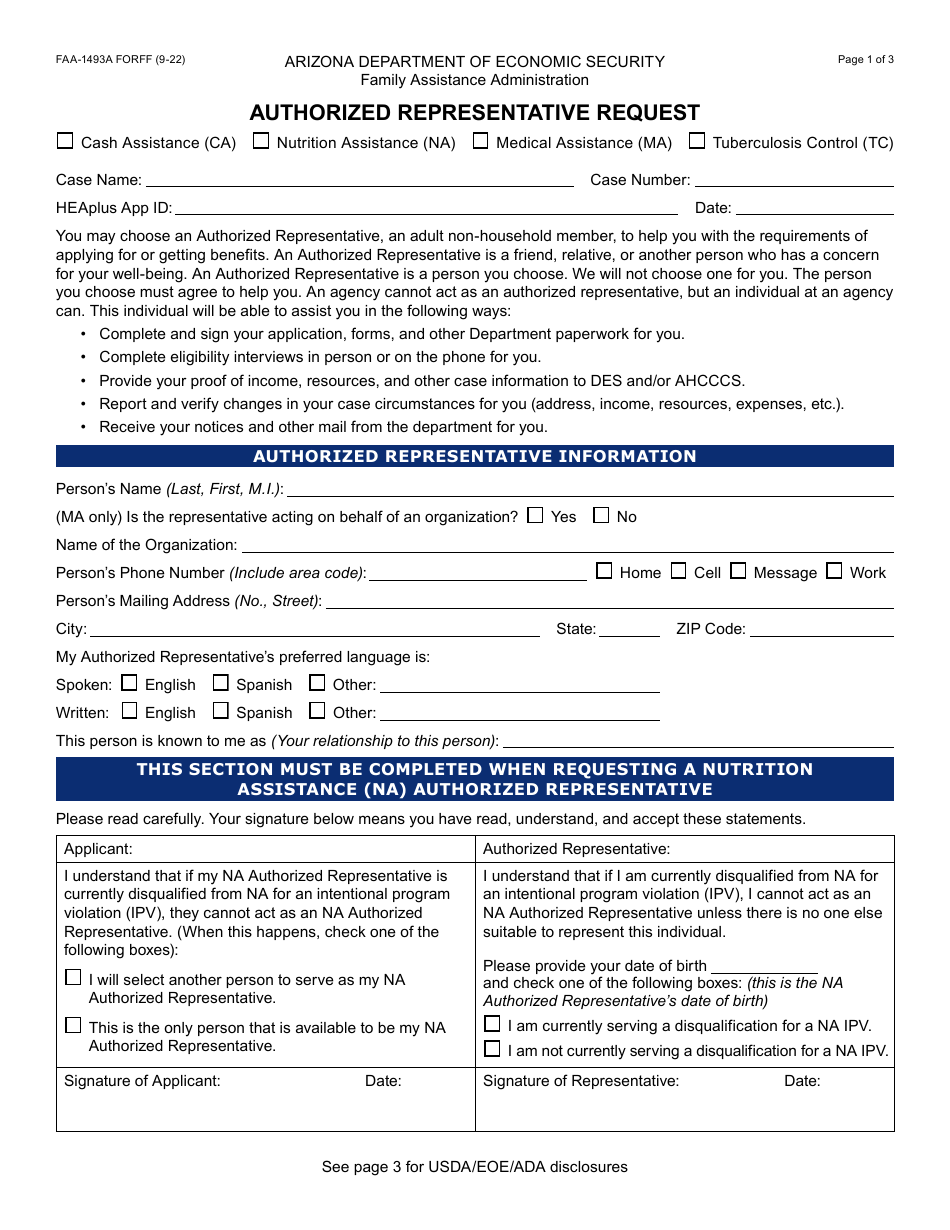 Form FAA-1493A Authorized Representative Request - Arizona, Page 1