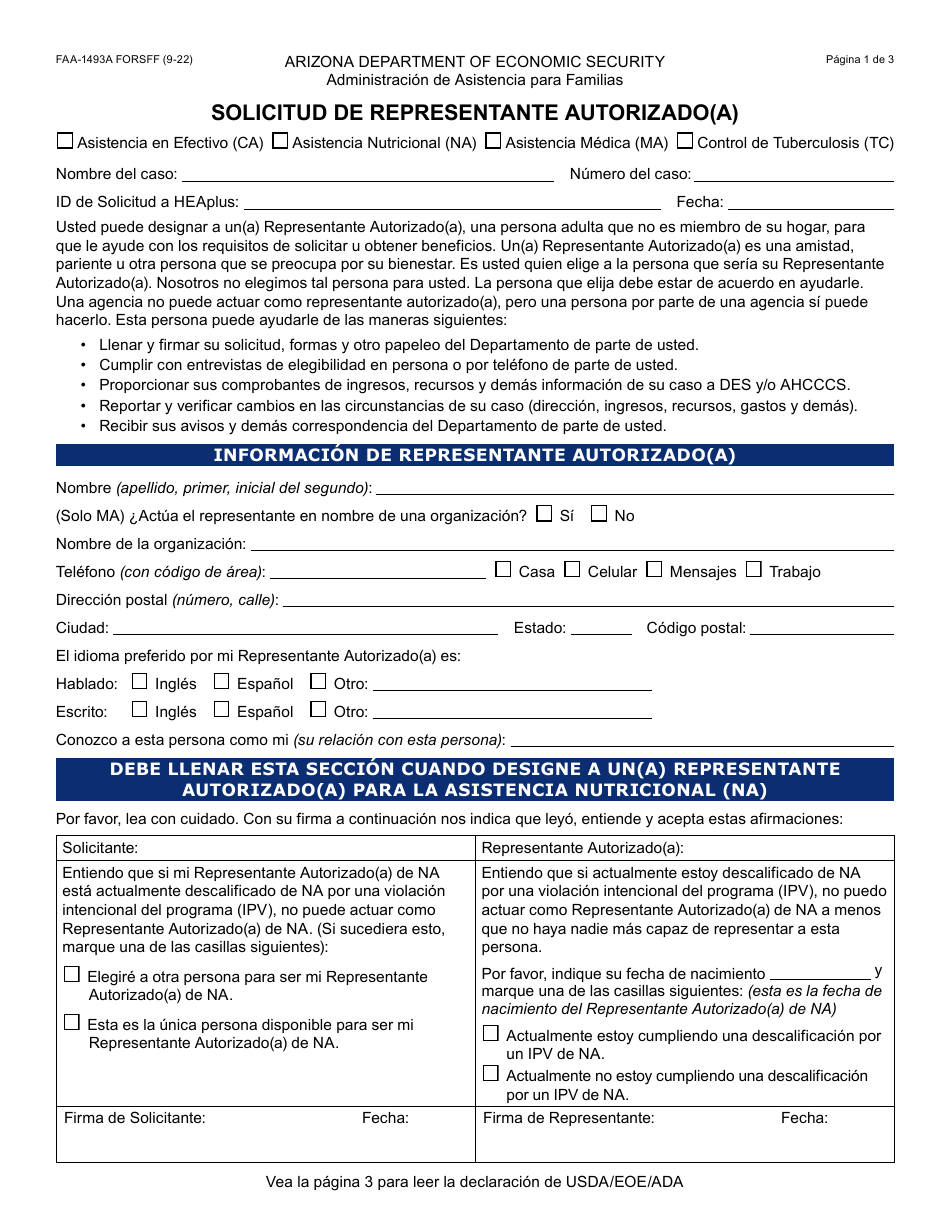 Formulario FAA-1493A-S Solicitud De Representante Autorizado(A) - Arizona (Spanish), Page 1