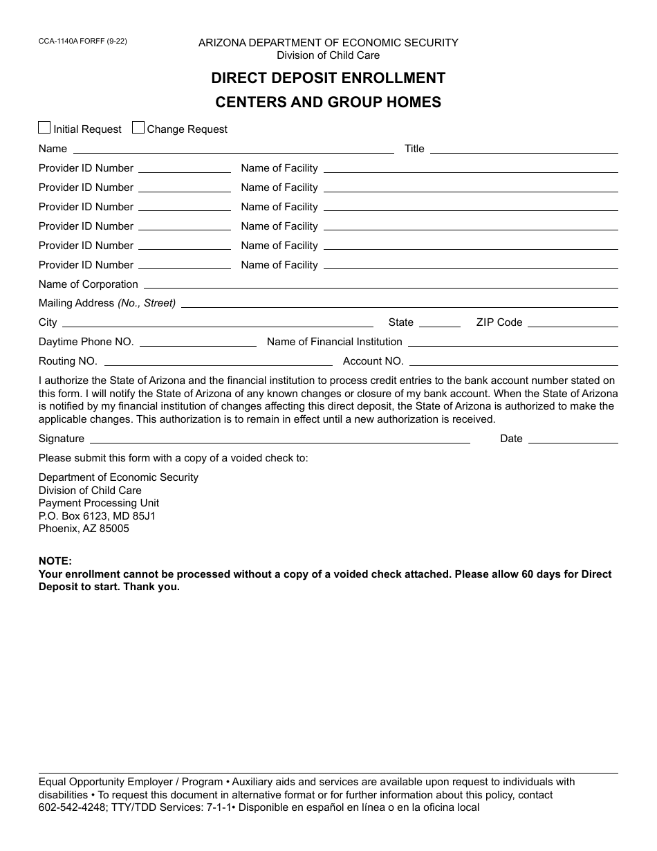 Form CCA-1140A Direct Deposit Enrollment - Centers and Group Homes - Arizona, Page 1