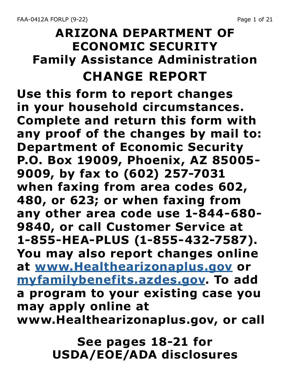 Form FAA-0412A-LP change Report - Large Print - Arizona, Page 1