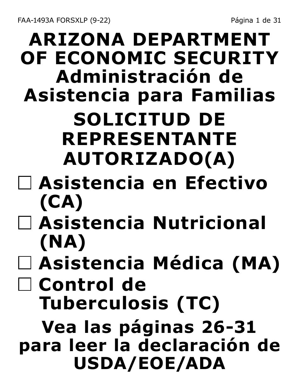 Formulario FAA-1493A-SXLP Solicitud De Representante Autorizado(A) - Letra Extra Grande - Arizona (Spanish), Page 1