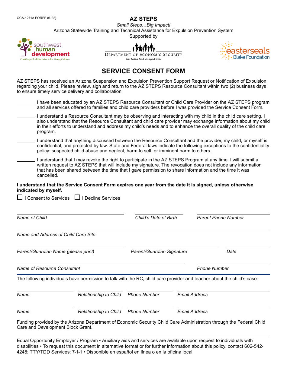 Form CCA-1271A Service Consent Form - Arizona, Page 1