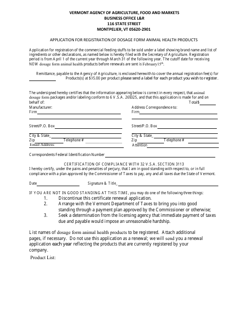 Application for Registration of Dosage Form Animal Health Products - Vermont