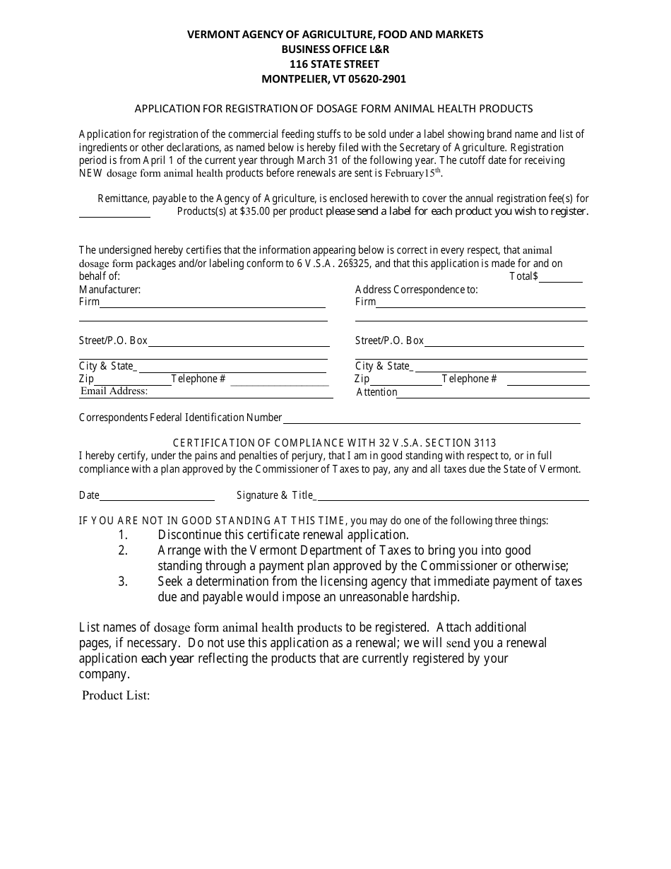 Vermont Application for Registration of Dosage Form Animal Health ...