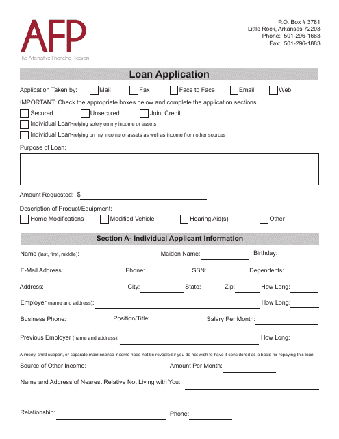 Loan Application - Alternative Financing Program - Arkansas
