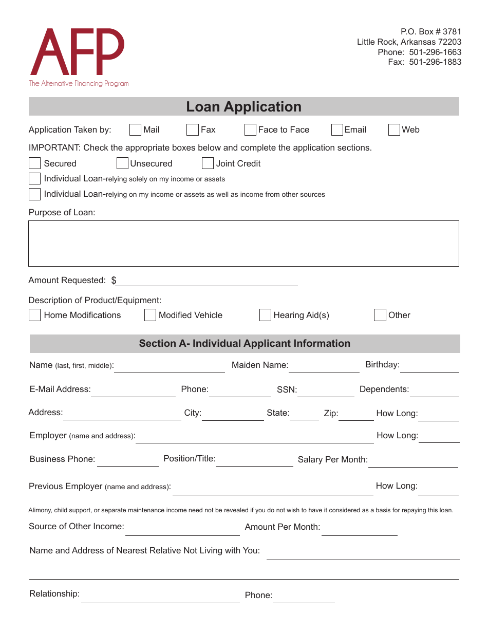 Loan Application - Alternative Financing Program - Arkansas, Page 1
