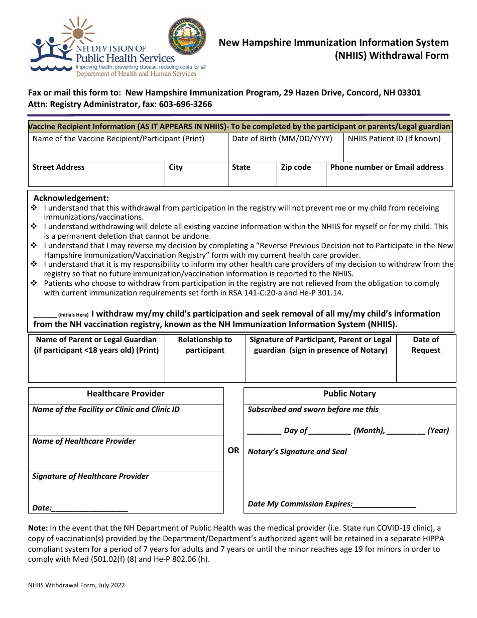 New Hampshire Immunization Information System (Nhiis) Withdrawal Form - New Hampshire, Page 1