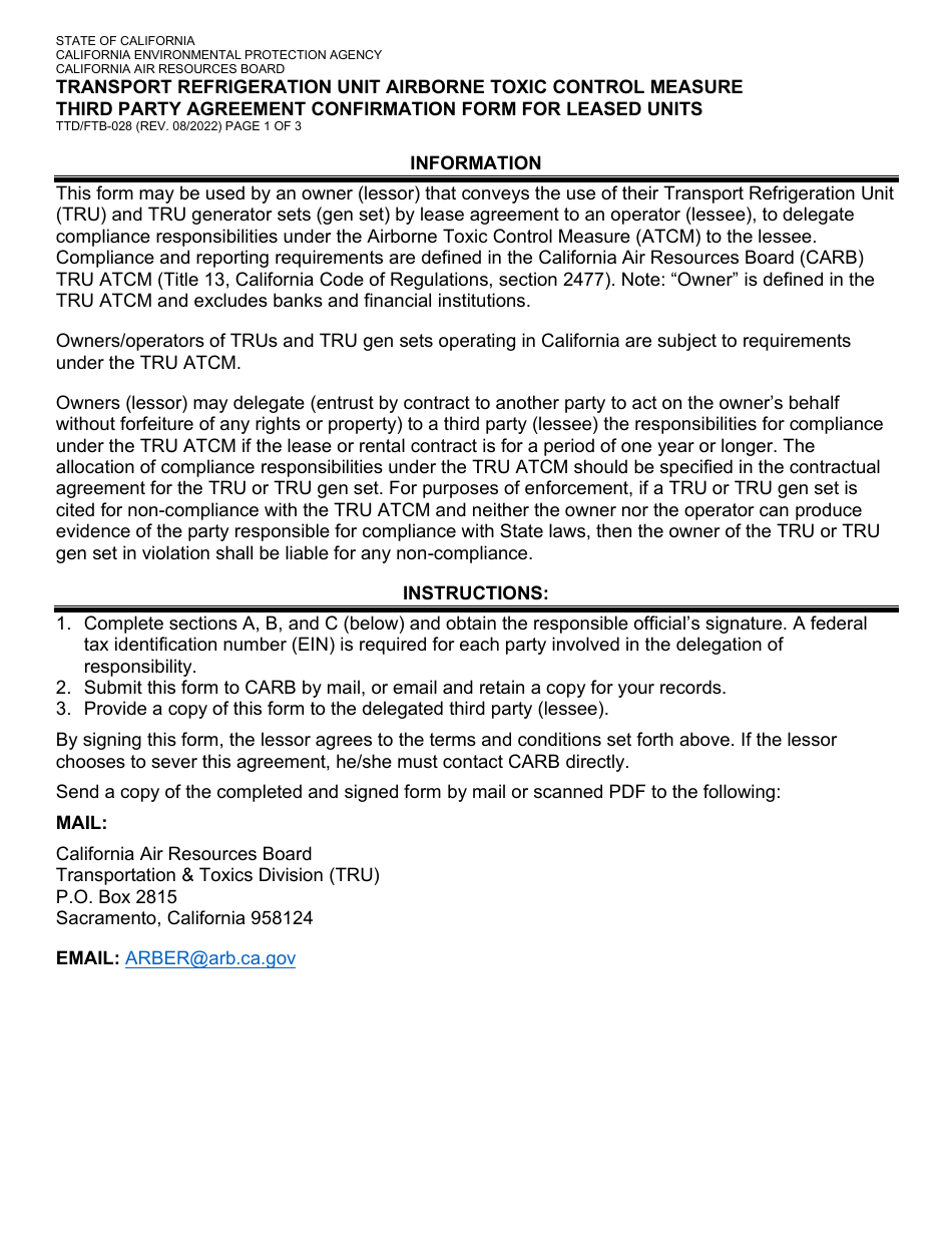 Form TTD / FTB-028 Transport Refrigeration Unit Airborne Toxic Control Measure Third Party Agreement Confirmation Form for Leased Units - California, Page 1